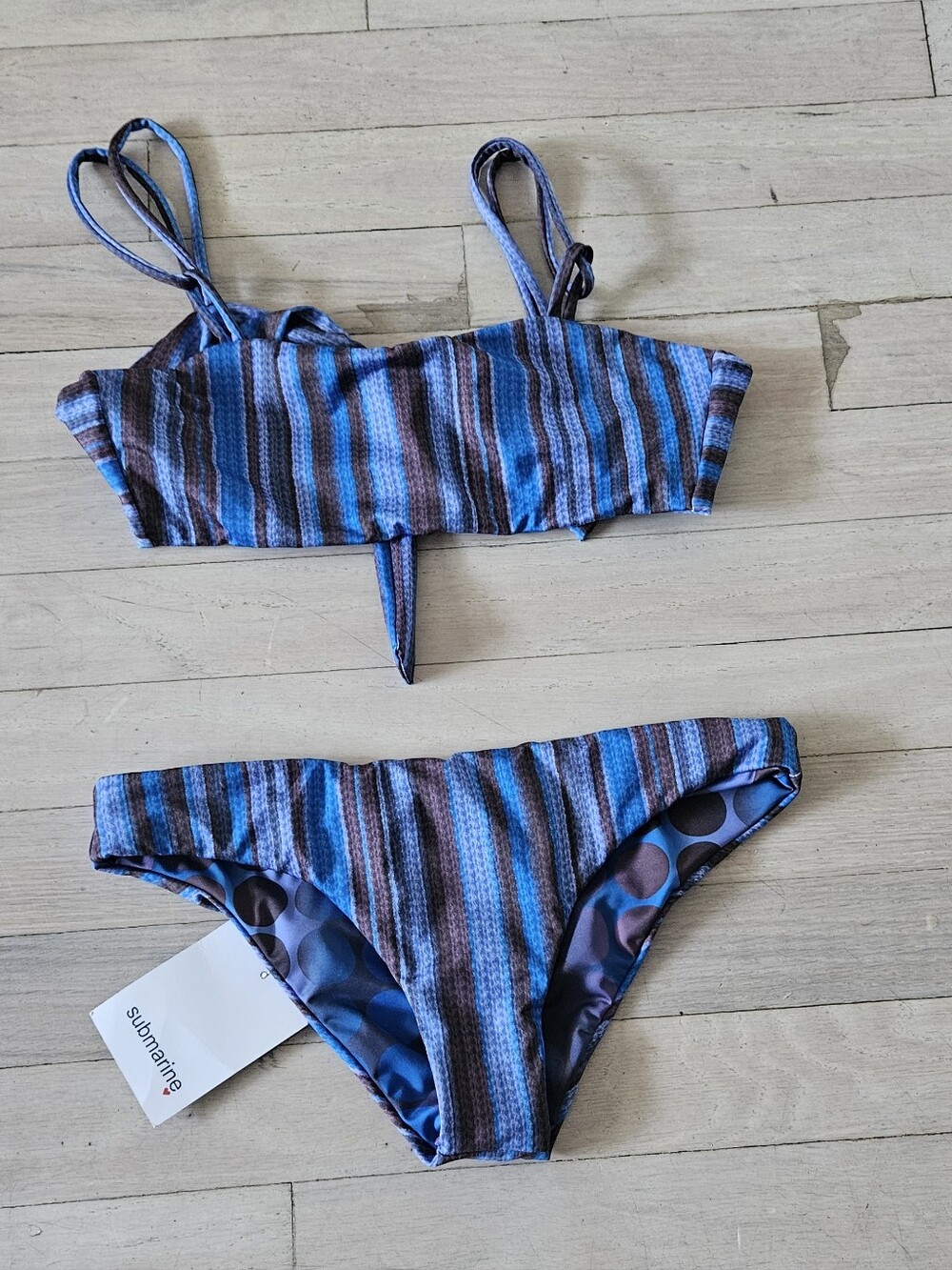 Reversible Blue & Brown Striped/ Blue & Brown Dot Girls' Two-Piece Swim Bikini